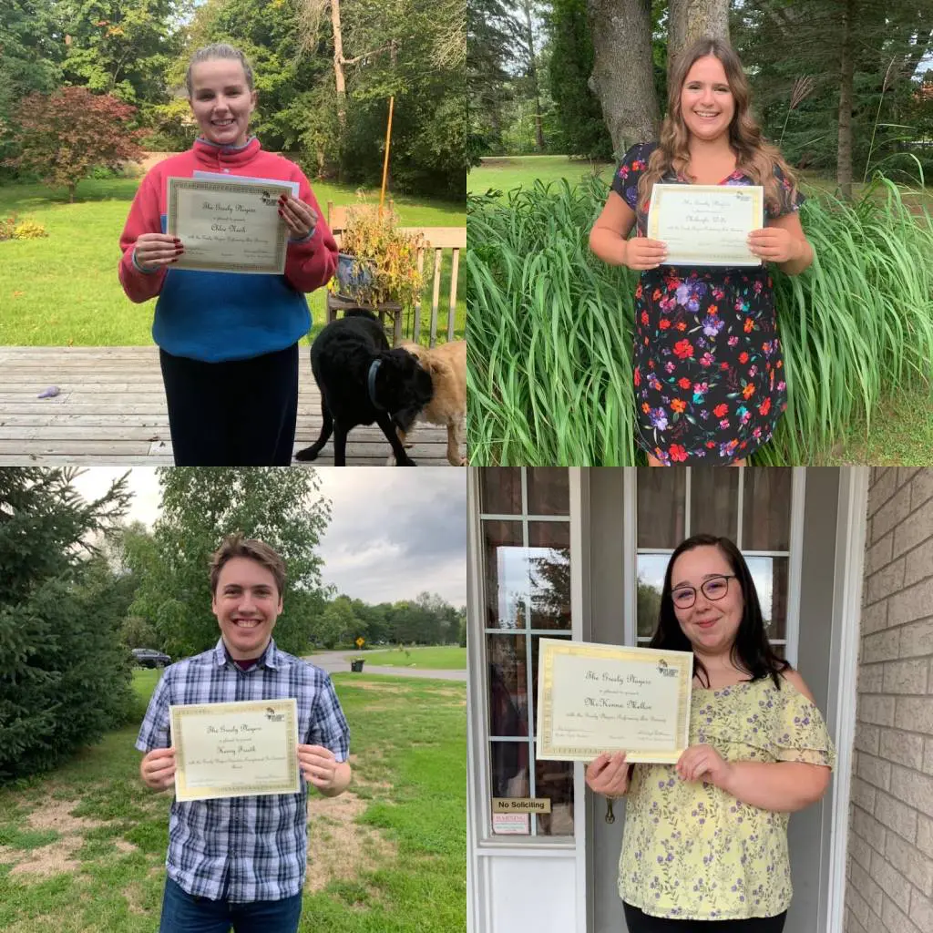 2020 Bursary winners Chloe Nash, Mikayla Wills, McKenna Mellon. 2020 Greely Players Exceptional Involvement Award recipient: Henry Freeth